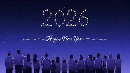 A crowd of people look up at stars forming 2026 and Happy New Year text. Clear details and vibran...