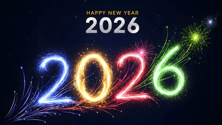 Colorful 2026 numbers with fireworks and happy new year text against a dark background.