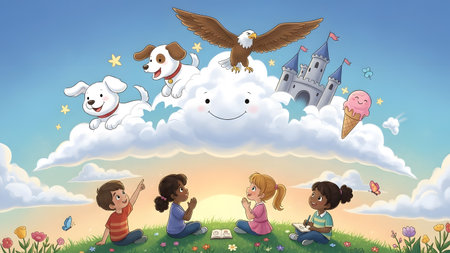 Children sit on grass looking up at a dreamscape of clouds with a castle, eagle, and dogs.の写真素材