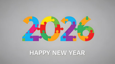 Colorful puzzle pieces form the year 2026 and Happy New Year text. Clear details and vibrant colo...