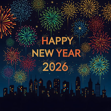 Numerous colorful fireworks explode in the night sky over a city skyline. Clear details and vibra...