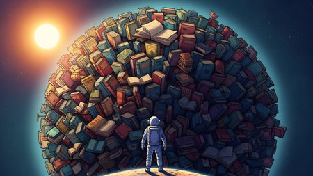 An astronaut faces a planet formed from books, with a bright sun in the dark expanse of space.