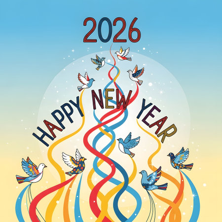 Colorful birds fly with swirling ribbons and the year 2026 for Happy New Year. Clear details and ...