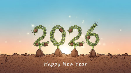 Plant showing 2026 new year greeting with plants growing from seeds and soil keywords: 2026, new...