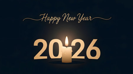 A lit candle is positioned between the golden numbers 2026 and Happy New Year text.