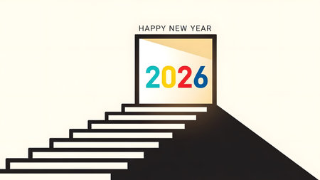 Colorful 2026 numbers in a doorway above a staircase with Happy New Year text Clear details and v...
