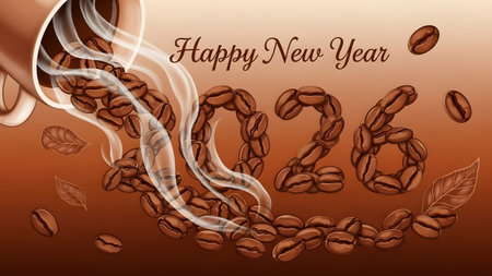 Coffee beans pour from a cup, forming the numbers 2026 and Happy New Year text with steam.
