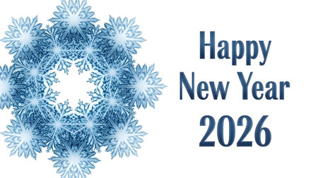 A large blue snowflake ornament is placed next to the text Happy New Year 2026 on a white...