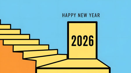 Colorful staircase leading to a doorway with 2026 and Happy New Year text Clear details and vibra...