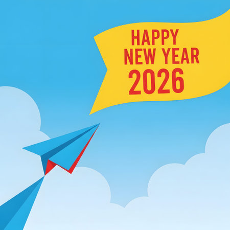 A blue and red paper airplane flies through a blue sky towards a yellow banner with Happy New...