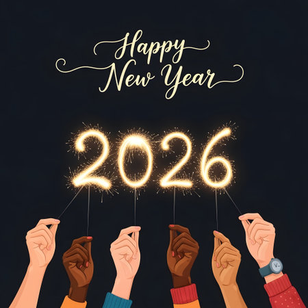 Diverse hands hold sparklers forming 2026 with Happy New Year text and a watch. Clear details and...