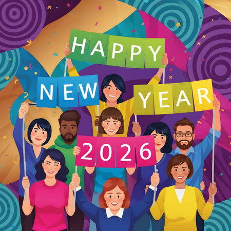 Diverse people hold signs spelling Happy New Year 2026 against a colorful abstract background