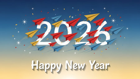 Colorful paper airplanes fly around the year 2026 with Happy New Year text and confetti