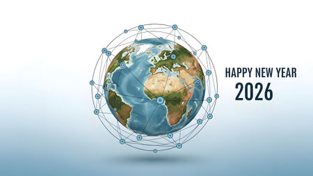 A globe with a connecting network of lines and nodes, with Happy New Year 2026 text.