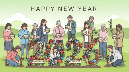Diverse people plant flowers forming the numbers 2023, symbolizing growth and positive values.