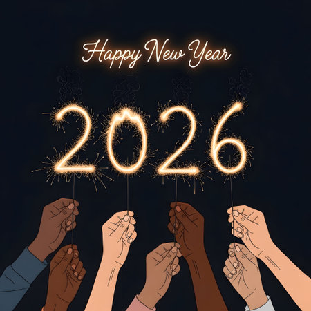 Diverse hands hold sparklers forming the year 2026 with Happy New Year text. Clear details and vi...