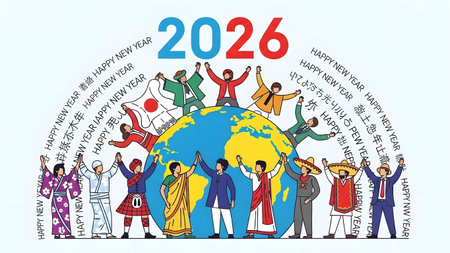 Diverse people in traditional attire hold hands around a globe, celebrating New Year 2026.