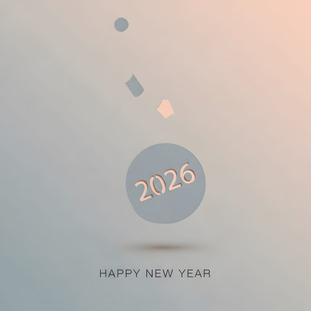 A grey circle with rose gold 2026 and falling geometric shapes on a gradient background.