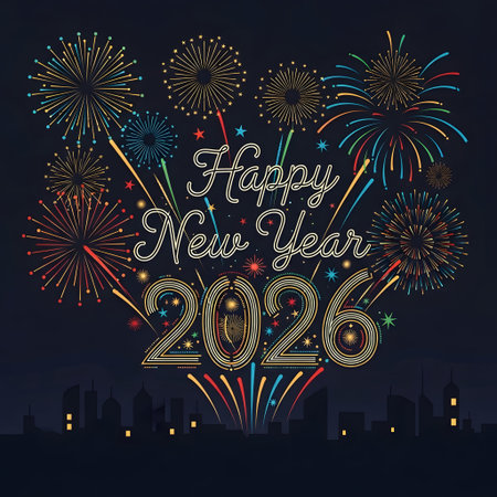A New Year 2026 greeting with colorful fireworks above a city silhouette. Clear details and vibra...