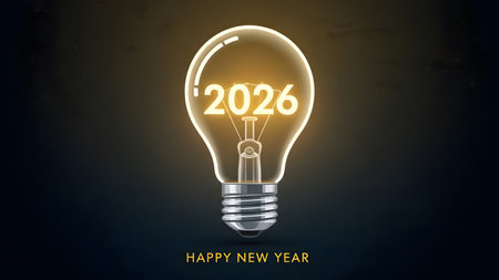 A clear light bulb glows brightly from within, displaying the year 2026 and Happy New Year.