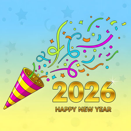 A golden 2026 Happy New Year message with a party popper and colorful streamers against a...