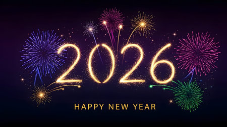 Glowing 2026 numbers with colorful fireworks and happy new year text. Clear details and vibrant c...