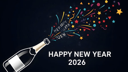 A champagne bottle erupts with confetti and streamers, celebrating Happy New Year 2026.