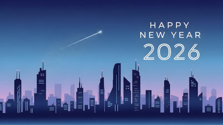 A modern city skyline silhouette under a twilight sky with a shooting star. Clear details and vib...