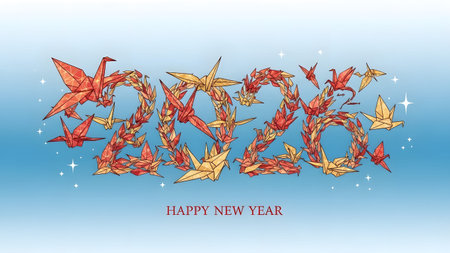 Paper showing happy new year 2020 origami cranes formation keywords: happy new year, 2020,...