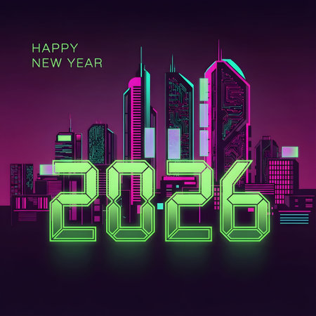Futuristic cityscape with neon glowing buildings and the year 2026. Clear details and vibrant col...