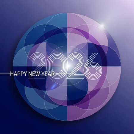 Abstract circular design with geometric shapes and lens flare for Happy New Year 2026