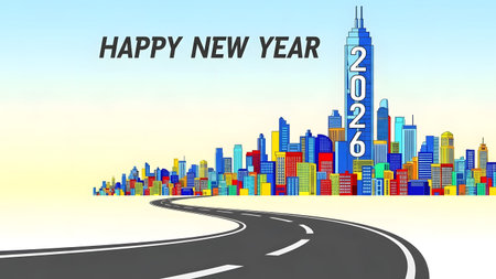 A colorful cityscape with a winding road leading towards it under a bright sky.