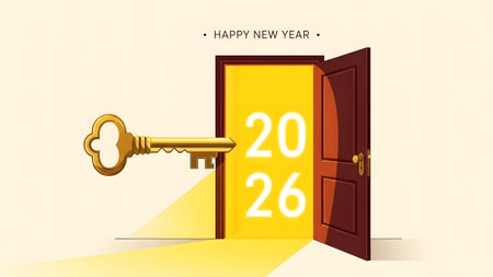 Golden key opening a door to the year 2026 with bright light and confetti Clear details and vibra...