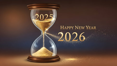 A golden hourglass depicts sand from 2025 flowing to form 2026 with Happy New Year text.