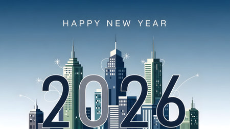 Large numbers 2026 in front of a city skyline with tall buildings and subtle sparkles