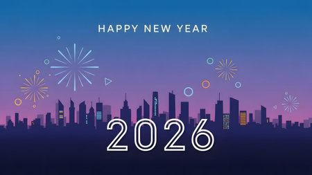 Fireworks showing happy new year 2026 city skyline with fireworks. High resolution image...