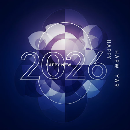 Abstract circular design with geometric shapes and glowing light for Happy New Year 2026