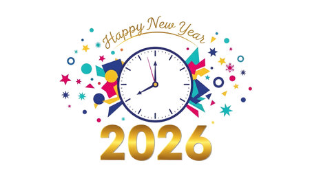 A clock face for New Year 2026 is surrounded by colorful abstract shapes and stars.
