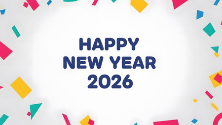 Colorful confetti is scattered around the text Happy New Year 2026 on white. Clear details and vi...