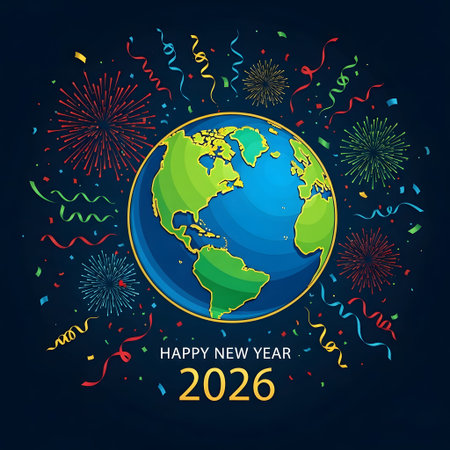 Earth surrounded by fireworks, confetti and streamers for Happy New Year 2026. Clear details and ...