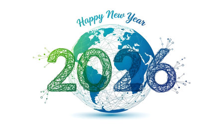 Happy New Year 2026 text overlaying a wireframe globe with abstract network elements.