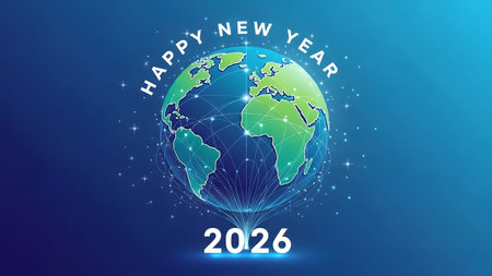 Earth with network lines and stars, text HAPPY NEW YEAR 2026 below on blue background.