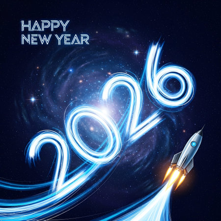 A rocket blasts off into a starry galaxy with the numbers 2026 in glowing light trails.