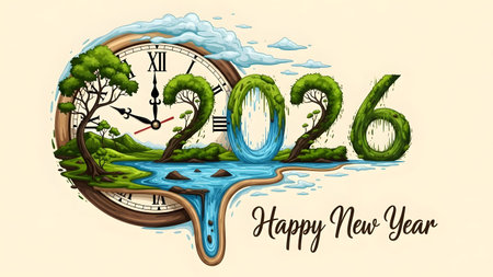 A conceptual New Year 2026 design featuring a clock face integrated with a natural landscape and...