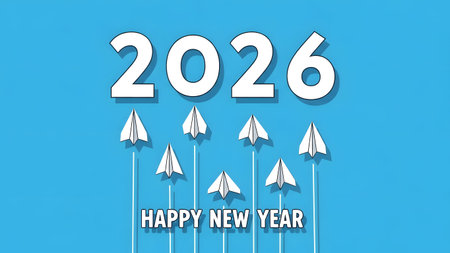 White paper airplanes fly upwards towards the year 2026 on a blue background Clear details and vi...