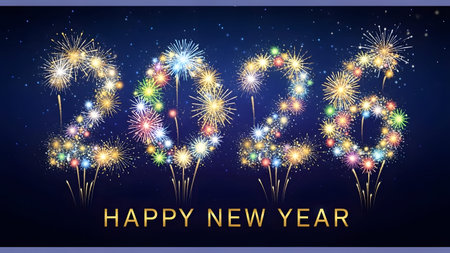 The year 2026 formed by sparkling fireworks on a dark blue background with Happy New Year text