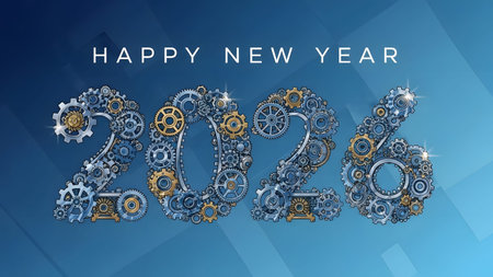 Metallic gears form the numbers 2026 with happy new year text above on blue gradient.