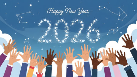 Many diverse hands are raised towards a starry night sky with constellations and clouds for New...