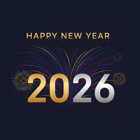 Happy New Year 2026 text with golden and silver fireworks on a dark blue background.