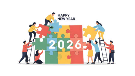 Clean showing teamwork building happy new year 2026 puzzle. High resolution image suitable for...